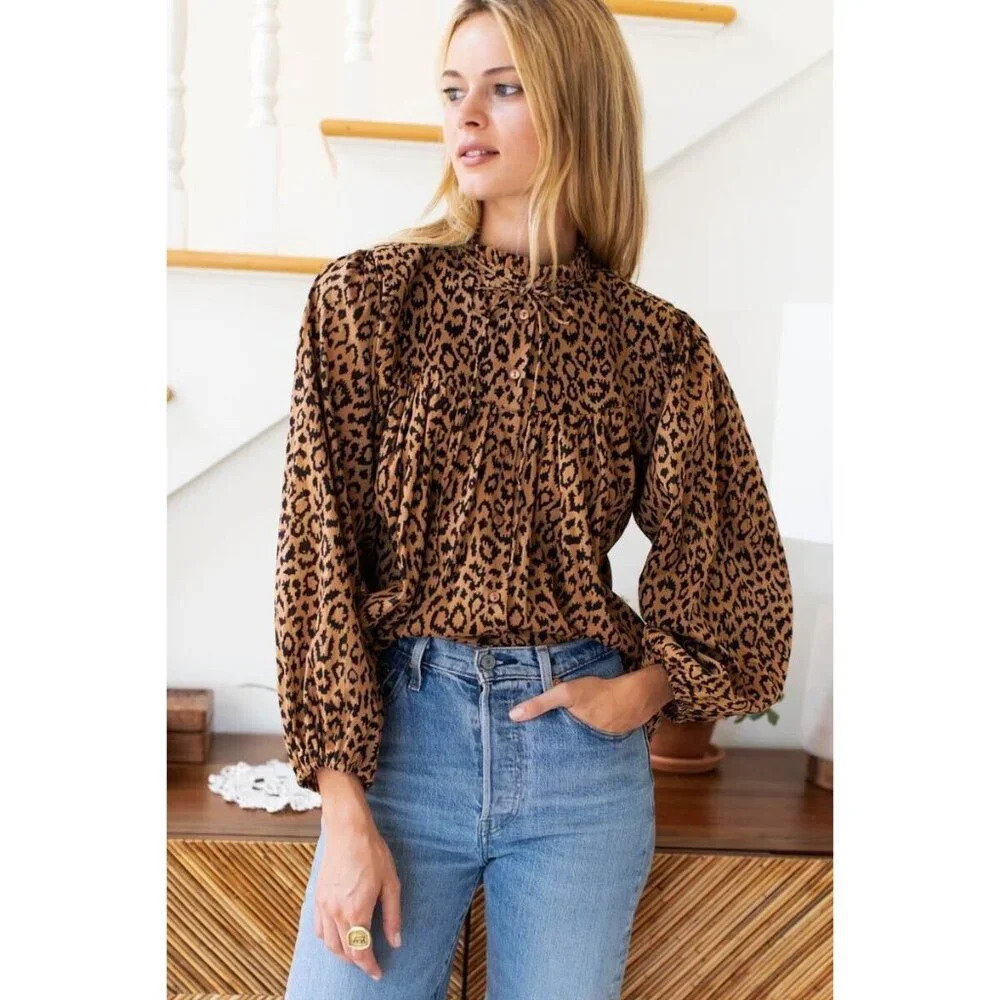 India Collection Emerson Fry Emmaline Organic Cotton Leopard Blouse Shirt XS